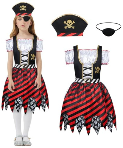 Aomig Piratdräkt För Tjejer, 3 St Piratrollspelsklädningsset Med Piratmössa & Piratögonlapp, Piratkläder För Barn, Piratprinsessan Deluxe-Klänning För Födelsedagsfest Med Pirattema Holloween