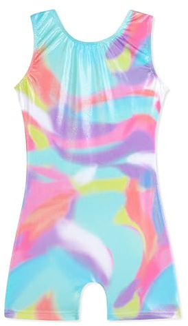 HOZIY Gymnastics Leotards for Girls with Shorts 3t 4t Biketard Unitard Tumbling Outfits Sparkle Little Girl Kids Leo Colorful Watercolor Blue Purple Pink Shiny