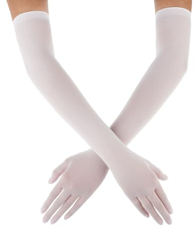 DIVINA VITAE Women's White Sheer Super Long Tulle Mesh Opera Elbow Length Ladies Wedding Party Opera Halloween Costume 1920's Dance Gloves