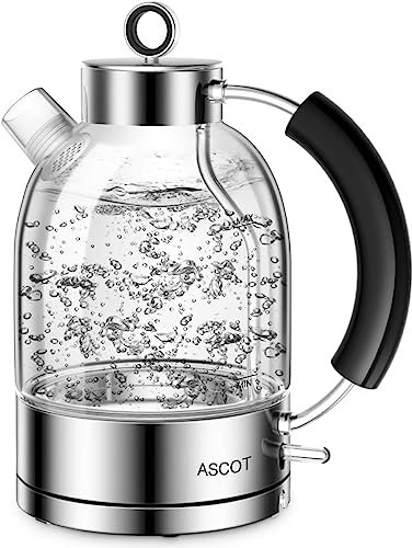 ASCOT Wasserkocher Glas, Elektrischer Wasserkocher Geschenke für Männer/Frauen/Familie 1,5L Schnellkochkessel, Trockengehschutz und automatische Abschaltung (Silber)