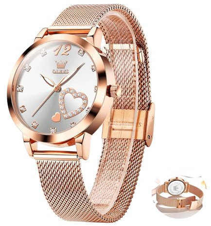 OLEVS Roségold Uhren Frauen Edelstahl Schicke Grosse Metall Armbanduhr Damen Analog Kleid Wasserdicht Damenuhren Weiß Zifferblatt mit Diamant Herzform Quarz Leuchtende Uhren Damen Mesh Armband