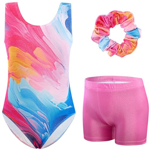XiaoMoSha Girls Three-Piece Gymnastics Set Sleeveless Girls Leotards with Shorts and Hairband Sparkly Glitter Gradient Color Dance Ballet Unitards Gymnastics Outfits, PinkBlue, 9-10 Years