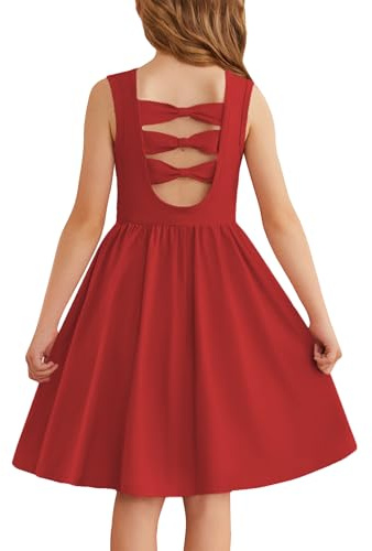 Arshiner Niñas Vestidos Sin Mangas Niños Volver Lazo Vestido de Verano Infantil Algodón Elegante Vestidos Ocio con Cuello Redondo Swing Vestidos Fiesta para Niñas 7-8 Años Rojo