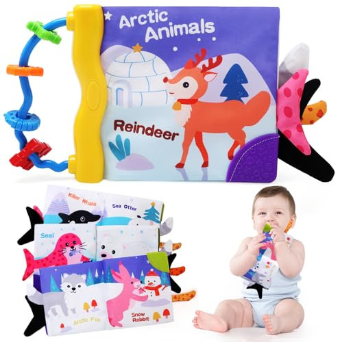 TonStyle Baby Spielzeug 6 Monate, Babybuch Stoffbuch Knisterbuch Babyspielzeug Jungen Mädchen ab 0 3 6 12 Monate, Sensorisches Buch Frühe Lernspielzeuge Geschenk für Neugeborene - Weihnachtsreh