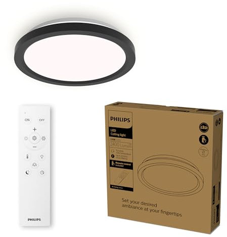 Philips LED Remote Control Ceiling Light, Round, 30 cm, Dimmable, Tunable White Light, Living Room, Bedroom, No Flicker or Glare, Modern Design, Black