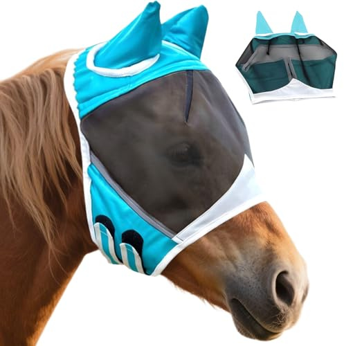Hästar flugmask, flugskydd häst Cob med öronskydd, häst flugmask, hästar integrerad flugmask, stretchig P-jord f-liggande mask, andas nät P-hästmask, för att skydda mot myggor