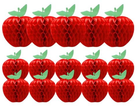 Kellegour Set di 15 palline di carta velina a nido d'ape, a forma di mela rossa, due misure, decorazione per compleanno, Natale, giardino, matrimonio, scuola, aula, frutta