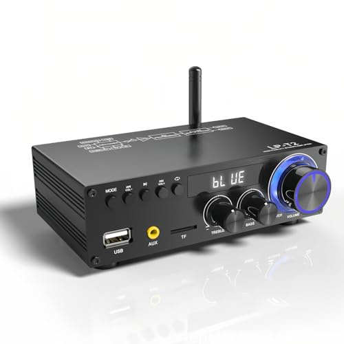 Bewinner Amplificateur Audio BT5.1, Ampli sans Fil 50 W X 2 RMS, Caisson de Basses 2.1 Canaux, Récepteur Audio Stéréo, pour la Maison et L'extérieur, Interface Coaxiale Numérique USB AUX (Prise UE)