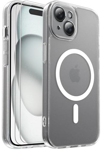 Ezanmull for iPhone 15 Case, Fit for Magsafe, Clear | 18FT Mil-Grade Protection, Full Camera Protection, With Screen Protector X2, Translucent Matte, Rugged Shockproof Protective