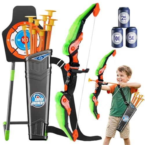 CEWROM Arrow and Bow - Set per tiro con l'arco con luci a LED, include 10 frecce con ventosa, gabbia e bersaglio in piedi, per bambini da 3 a 12 anni, regalo per ragazzi e ragazze (verde)