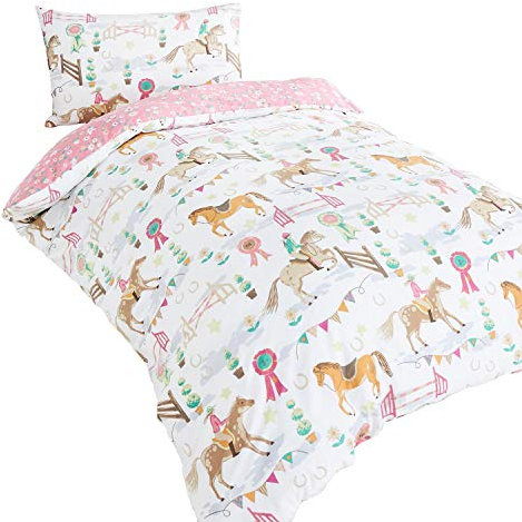 Horses Animals Girls Single Quilt Duvet Cover & Pillowcase Bedding Bed Set New, Pink
