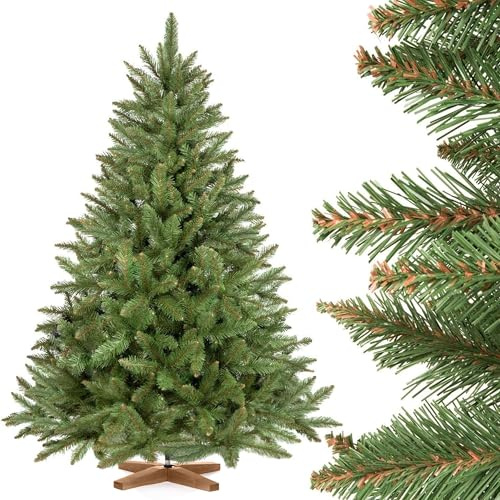 FairyTrees Abete Rosso/Peccio Naturale, Tronco Verde, Albero di Natale Artificiale, PVC, Supporto in Legno, 150cm