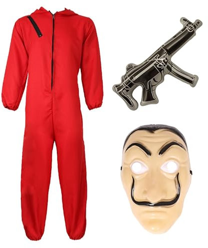 Adults Bank Robber Halloween Costume - X-Large - Red Jump Suit, Mask and Inflatable Machine Gun - Adults Halloween Fancy Dress Costume