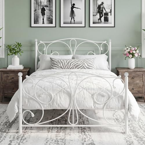 Panana 4FT6 Double Modern Metal Bed Frame with 2 Butterfly Design Headboard and Large Space Storage for Adults Kids Teenagers Guest Fits 135 * 190cm Mattress (White)