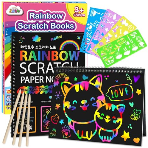 ZMLM Scratch Art for Kids - 2 Pack Large Rainbow Scratch Notebooks, Arts and Crafts for Kids Ages 3-12, Girls Toys Rainbow Scratch Paper, Craft Kits for Kids, Birthday Presents for Girls Boys(Pink)
