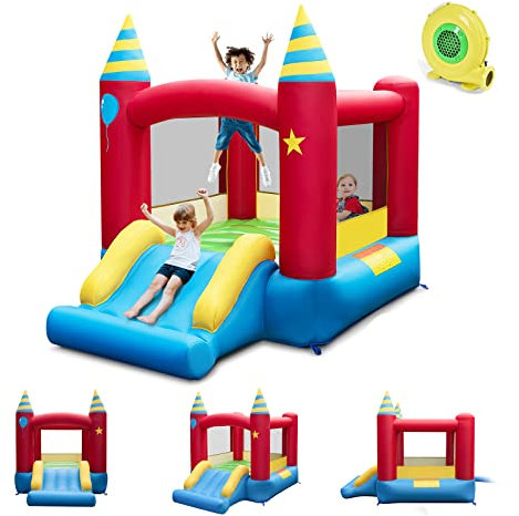 GOPLUS 2 en 1 Château Gonflable avec Souffleur pour Enfants 3-10 Ans avec Zone de Saut, Toboggan, Sac de Transport,Charge 135KG