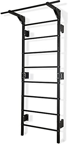 Potenza Sprossenwand mit Klimmzugstange Pull Up Bar Turngeräte Fitness Turnwand Klettergerüst bis 250kg Kletterwand Gym Sportgerät für Erwachsene Heim Turnhalle (Schwarz - mit Klimmzugstange)