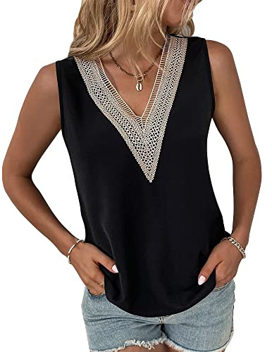 BKEPDY T Shirt Femme à Manches Courtes Débardeur Col V Dentelle Élégant Tshirt sans Manches Haut Décontracté Coton Top Casual Été Oversize Chic