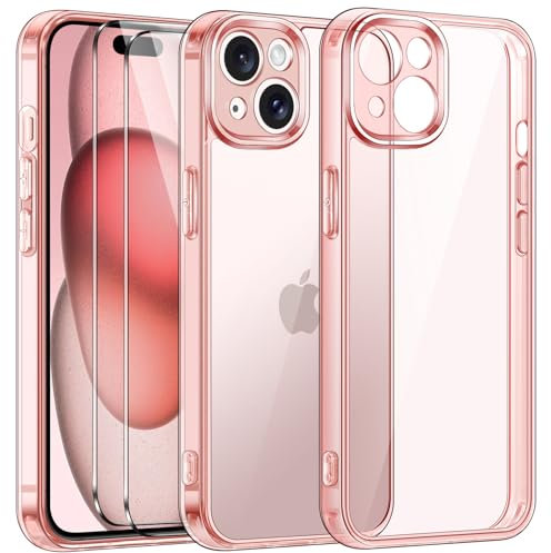 ivoler Clear Case compatible with iPhone 15 6.1 [Long Lasting Clarity] [Military Grade Drop Protection], 1 Case + 2 Glass Screen Protector, Shockproof Protective Hard Slim Cover - Pink