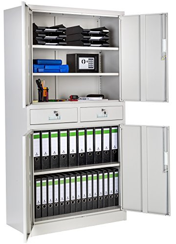 tectake Armoire de Rangement Metal Armoire de Bureau avec Serrure 4 Portes battantes et 2 tiroirs verrouillables pour Rangement Dossier, 90 x 40 x 180 cm - Gris