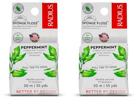 RADIUS Vegan Sponge Floss, Soft Expanding Dental Floss for Sensitive Gums and Tight Teeth, PFAS Free, Vegan, Plastic Free Packaging, 50m / 55 yd, Peppermint, Pack of 2