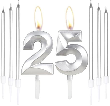 Silver 25th Birthday Cake Candles,Number 25 with 6pcs Long Candles,Silver Candle Birthday Cake Set, Candle Decorations for Party Wedding Anniversary