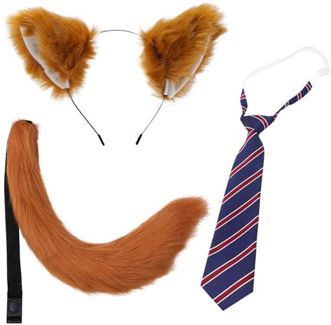 Carreuty Fox Costume Accessory Set - Animal Fancy Dress Up With Ears Headband, Tail, Tie for Kids Adults - Halloween Party Cosplay (Brown)