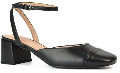 Women's Low Mid Heel Court Shoes Ladies Black Synthetic Leather Strappy Ankle Strap Square Toe Comfy Square Toe Shoe Size 7