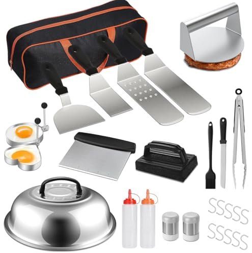 Smash Ensemble de couverts pour barbecue 28 pièces avec presse à hamburger, spatule à grill, accessoires pour barbecue, teppanyaki extérieur et intérieur, accessoires de cuisine, accessoires de