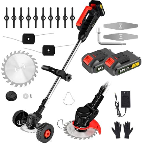 CONENTOOL Tagliaerba a batteria da 600 W con 2 batterie da 4000 AH, tagliabordi da 21 V con 4 tipi di lame, decespugliatore da 8500 rpm/min con ruota scorrevole ausiliaria, asta telescopica