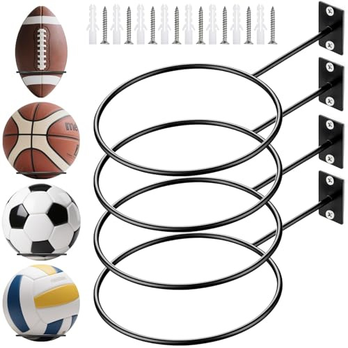 4 soportes de pared para pelotas de baloncesto, fútbol, soporte de pared, soporte de pared, con tornillos y tacos de plástico para baloncesto, fútbol, rugby, voleibol, metal, negro