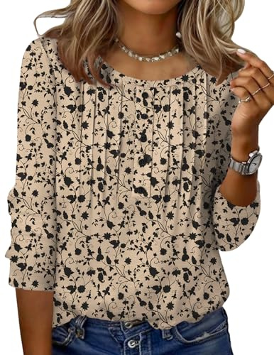 Zeagoo Long Sleeve Womens Tops Womens Blouses Summer Plant Printed Crew Neck Blouses Casual T-Shirt For Spring Summer Spring Women's Work Clothing Beige
