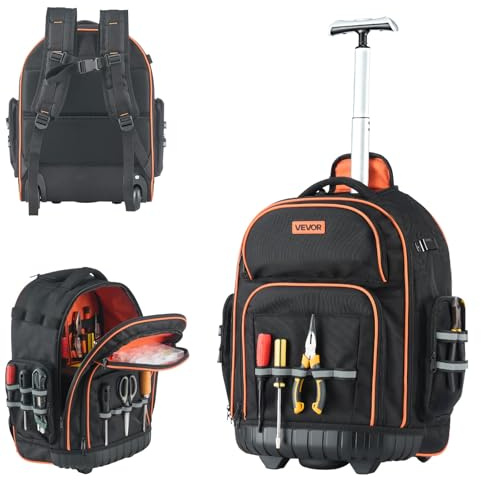VEVOR Zaino Portautensili con Ruote, Capacità 50 kg, Borsa Portautensili con Ruote da 45 Tasche, Maniglia Telescopica Regolabile e Base Stabile, Organizzatore per Borse per Edilizia, Meccanico