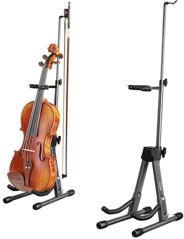 New Upgraded Anti-Tipping Design in Violin Stand with Bow Holder. Adjustable height, non-slip base, and protective head lock. Foldable and portable design for violins, violas, mandolins, and ukuleles.Gray Lockable