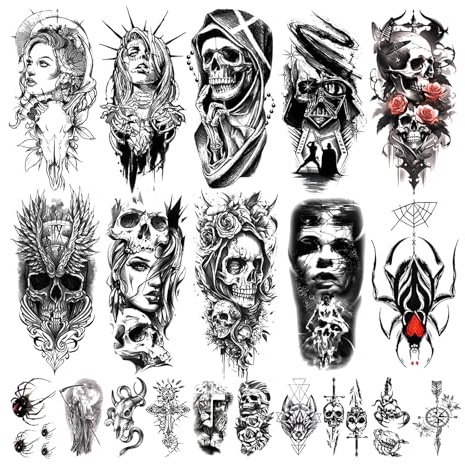 FOSDICK 20 Sheets Half Sleeve Temporary Tattoos, Waterproof Realistic Fake Tattoos, Tattoo Transfers, Tattoo Stickers for Girls Boy Body Hand Shoulder Thigh, 10 Pcs Large and 10 Pcs Small