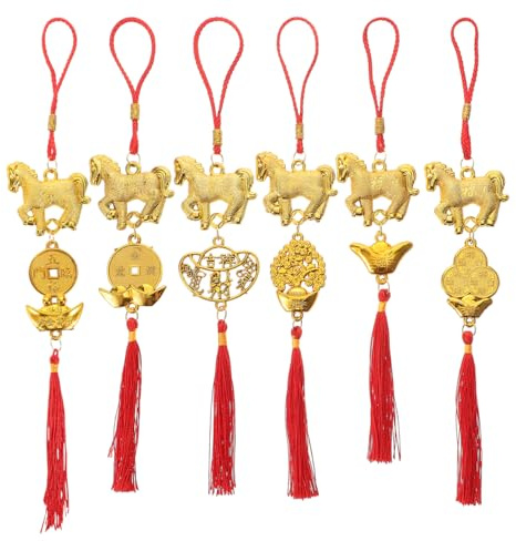 Warmhm 6pcs Chinese New Year Decorations 2026 Horse Tassel Pendants Red Gold Zodiac Animal Charms for Spring Festival Home Decor Car Rearview Mirror Hanging Ornament Gift Souvenirs