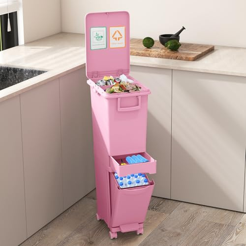 GIANTEX 32L Tri Selectif papperskorg för kök, 3-i-1 med 2 utdragbara behållare, lådor, pedaler och hjul, inkluderar avfallsuppsamlingsklistermärken (rosa)