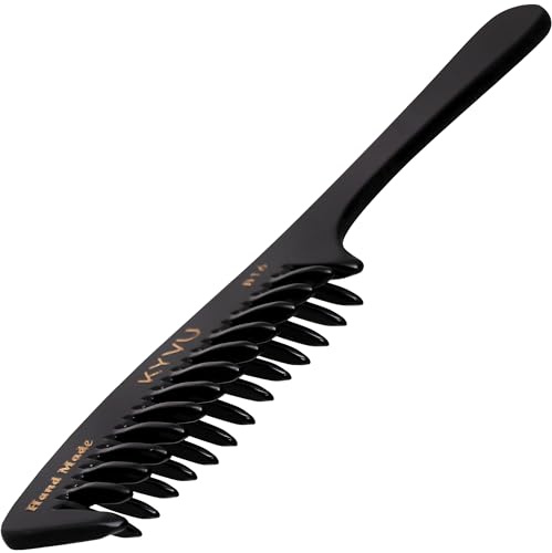 KYVU B16 Pettine intrecciato con manico – Pettine per capelli fatto a mano per volume e texture – 19 cm – Acetato di cellulosa, finitura nera