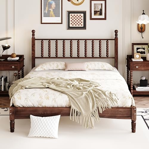 extrasleep Vintage Wood Bed Frame Queen Size with Spindle Headboard, Retro Style Queen Platform Bed with Wood Slat Support, Traditional Wooden Bedframe for Kids Boys Girls Adults, Walnut