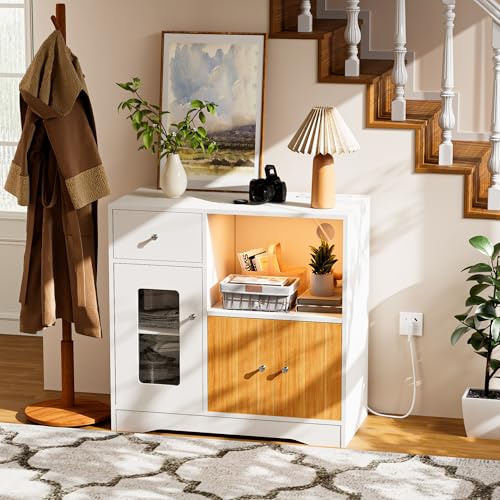 ISAKEN Credenza cucina con scaffale a microonde, armadio da cucina con piano di lavoro, armadietto a buffet a LED con cassetti, armadietto multiuso per cucina, soggiorno, sala da pranzo