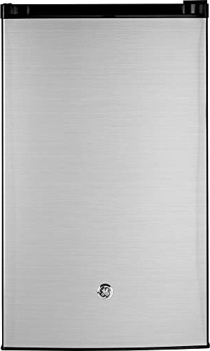 GE Mini Fridge With Freezer | 4.4 Cubic Ft. | Single-Door Design With Glass Shelves, In-Door Can Rack & Small Freezer | Small Refrigerator Perfect for the Garage, Dorm Room, or Bedroom | Clean Steel