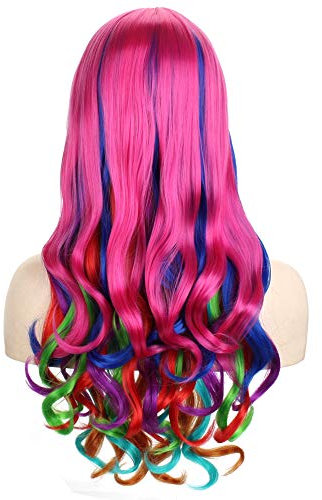OKVGO Perruque longue bouclée pour femme - pour cosplay, fête, Halloween, costume - Multicolore III - 70 cm (arc-en-ciel)