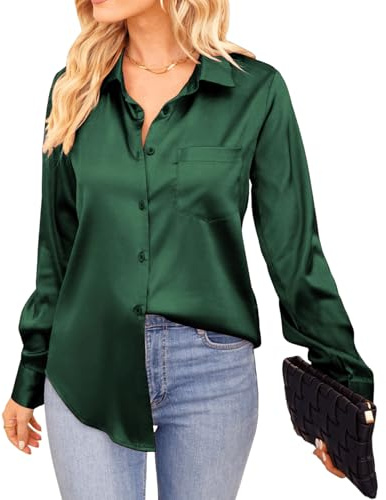 VIDUSSA Womens Button Down Shirt Satin Silk Long Sleeve Blouse Casual Office Work V Neck Tunic Tops Dark Green M