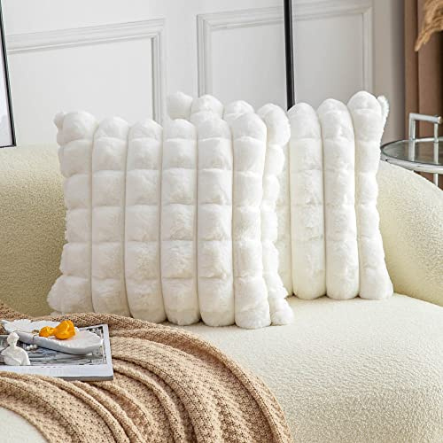 Neelvin Cream White Faux Fur Cozy Soft Plaid Decorative Throw Pillow Covers 26x26 inch Set of 2,Velvet Pillowcase Cushion Case for Sofa Couch