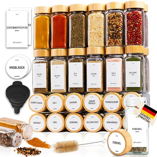 Deco haus® Lot de 36 pots à épices carrés avec capuchon à visser [+étiquettes & saupoudreur] – Lot de boîtes à épices en verre – Récipients à épices – Rangement des épices