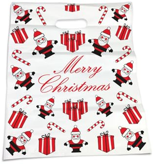 G4Goods® 100 Santa Christmas Plastic Carrier Bags 10x12+4 - Strong Patch Handle Bags Ideal for Boutiques Clothes, Jewellery, Gifts, Retail and Shopping