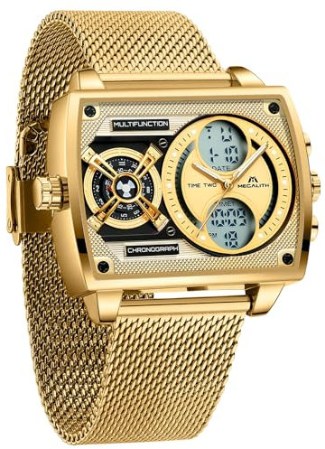 MEGALITH Herren Uhr Digital Edelstahl: Gold Armbanduhr Multi-Zeitzone - Analog Quarz Uhren fur Männer