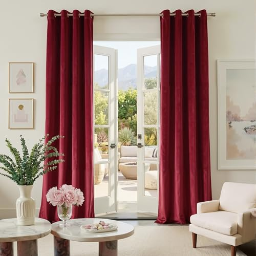 PONY DANCE Christmas Curtains Red Velvet Blackout Curtains - 52x84 Inches 1 Pair of Super Soft Luxury Drapes Elegant Home Decor Window Treatments for Living Room/Bedroom/Patio Door, Set of 2