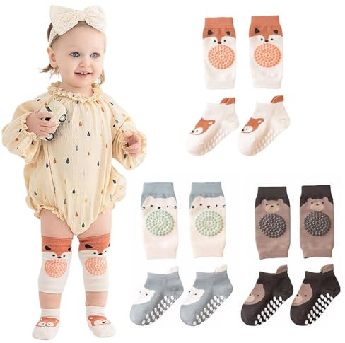 Matsizen 3 Paar Knieschoner Baby und Stoppersocken Baby Knieschoner zum Knieschoner Krabbeln Anti Rutsch Krabbelhilfe mit Gummipunkte für Kleinkinder 0-24 Monate