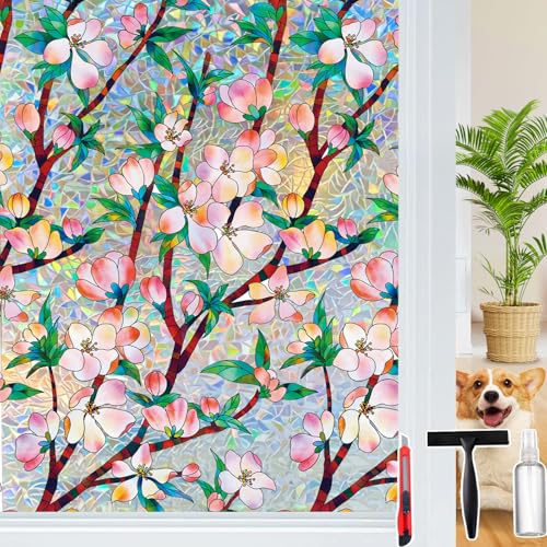 Rainbow Window Privacy Film Decorative Window Sticker, 3D Static Stained Glass Cling Tint for Home Heat Control Non-Adhesive, 17.5 x 78.7 inches